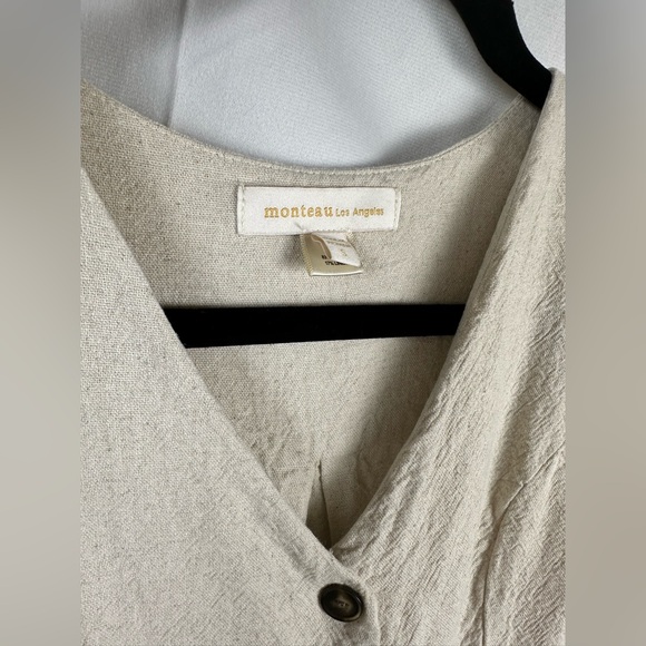 Monteau Los Angeles Linen Blend Button Front Dress Puff Sleeve Neutral - Picture 5 of 6